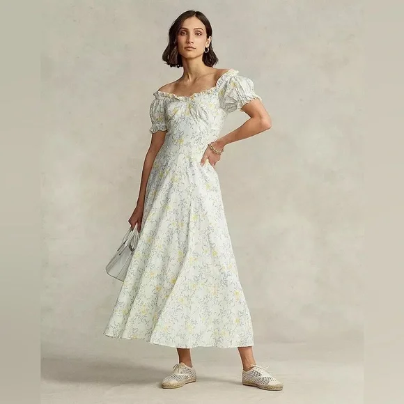 Polo Ralph Lauren Off The Shoulder Puff Sleeve Midi-Dress size 8 - Picture 1 of 6